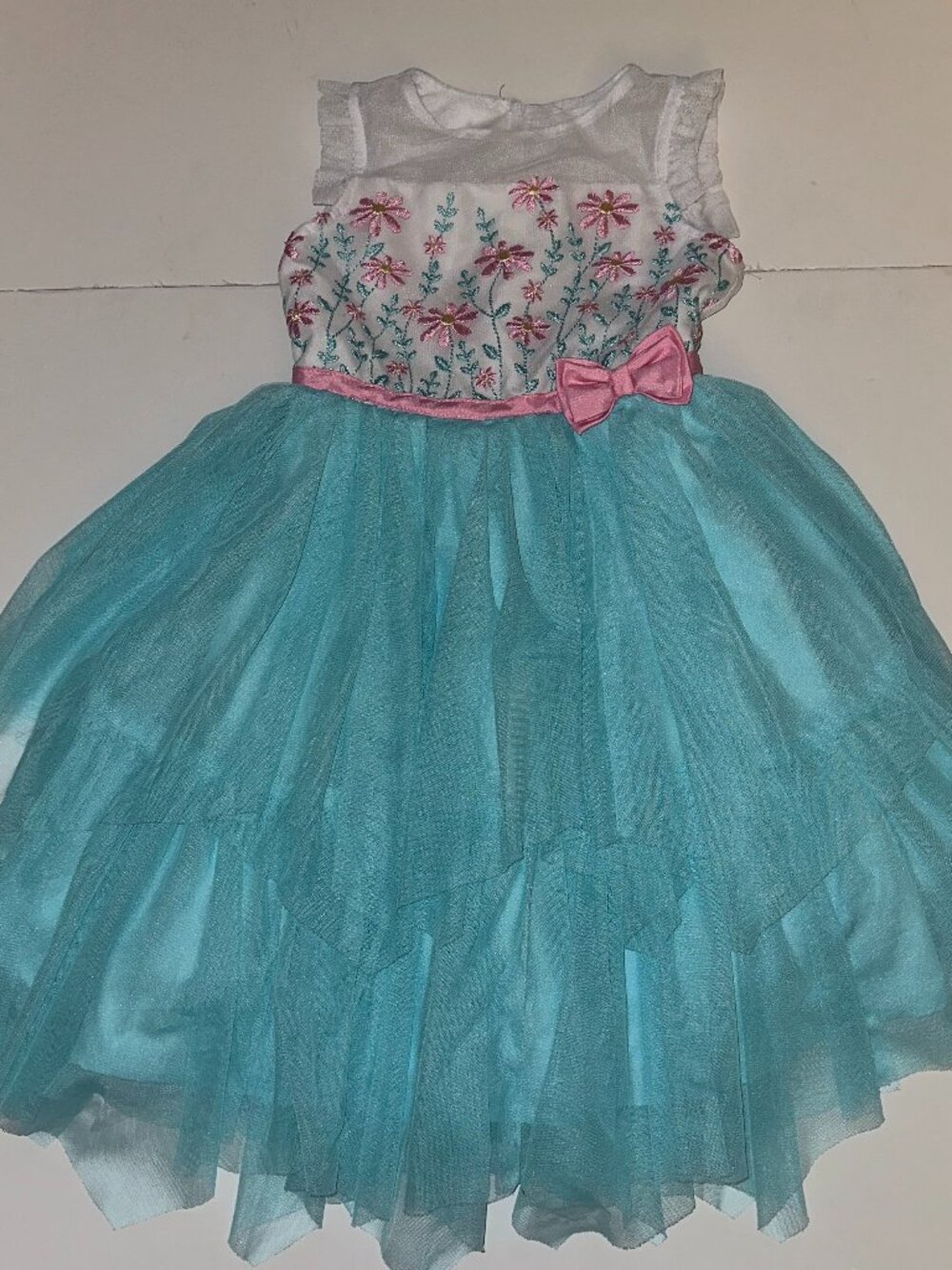Jona Michelle Girl Aqua Teal Floral Tulle Party Dress Sleeveless Sz 5 embroidery